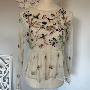 ZARA Sheer blouse with embroidered & beaded designs in a size Small!